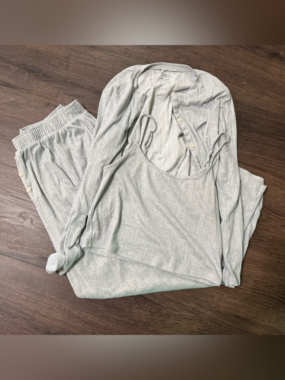 American Eagle Outfitters Light Gray Ribbed Sleep Set - Tank, Cardigan & Pants